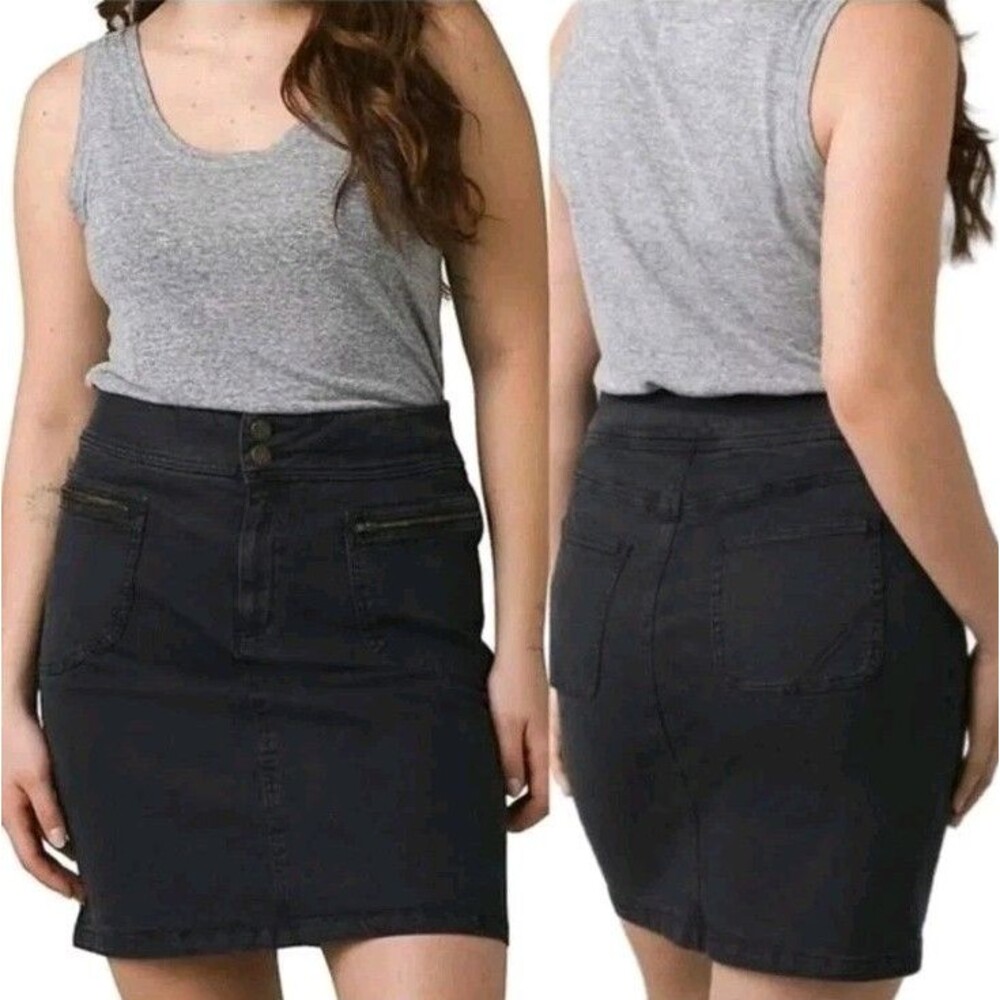 PrAna Broadway Denim Mini Skirt Onyx Black Zipper Pockets Size 0 NWT